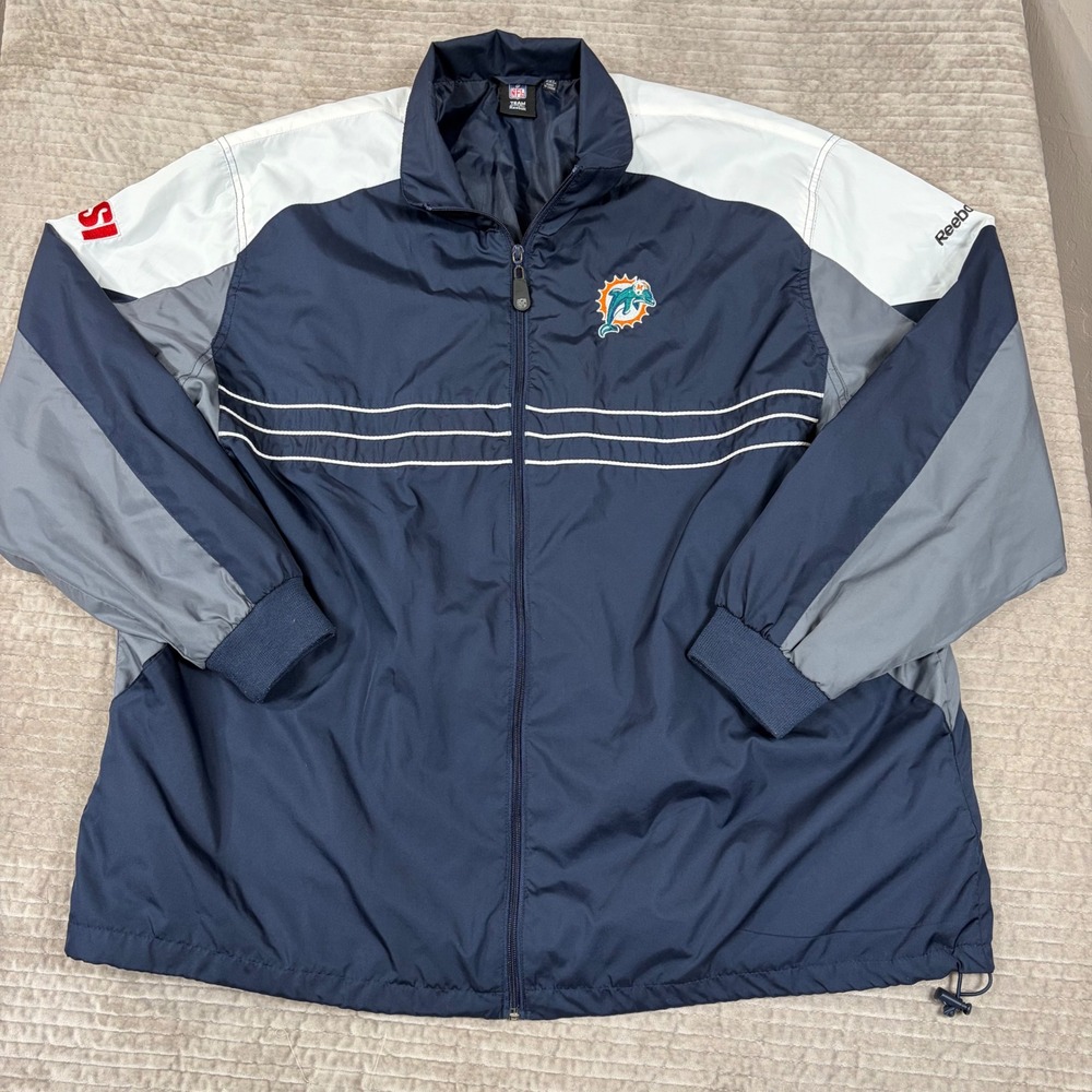 Reebok NFL Miami Dolphins Windbreaker Jacket Navy Blue Grey Mens 2XL Full Zip